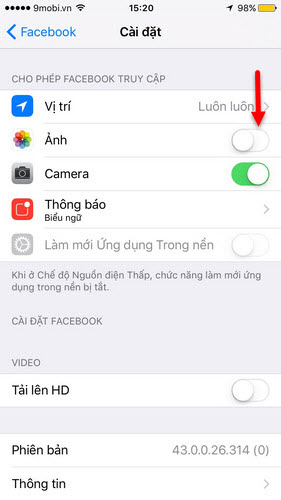 Sửa lỗi không tải được ảnh từ iPhone lên Facebook