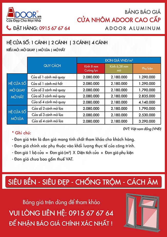 Bảng báo giá cửa sổ nhôm kính Adoor