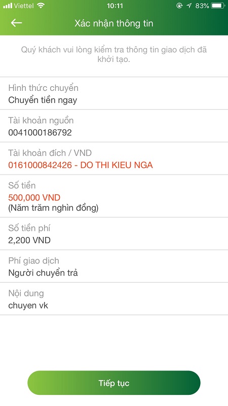 Chuyển tiền Vietcombank trên điện thoại iPhone